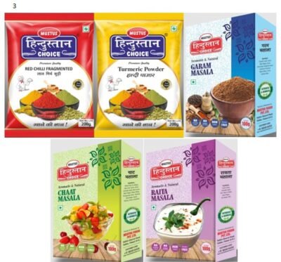 Combo Pack Red Chili Kutti 200 gm, Turmeric Powder200 gm, Garam Masala100 gm, Raita Masala100 gm,Chaat Masala100 gm