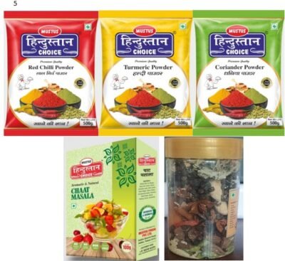 Lal Mirch Powder 500gm,Haldi Powder 500gm,Dhaniya Powder 500gm,Sabut Garam Masala 100gm,Chaat Masala 100gm.